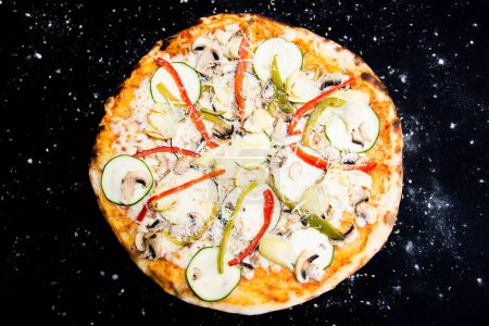 Photo for Pizza with vegetables. Neapolitan pizza made with baked vegetables. Italian vegetarian recipe. - Royalty Free Image