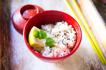 Photo for Bowl with white premium rice in Japan. - Royalty Free Image