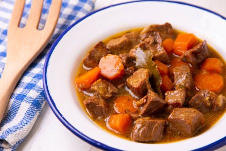 Beef stew with carrot, onion, potato and other vegetables.