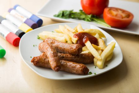 Téléchargez les photos : Plat avec saucisses de porc et pommes de terre. Recette de tapa espagnole traditionnelle. - en image libre de droit