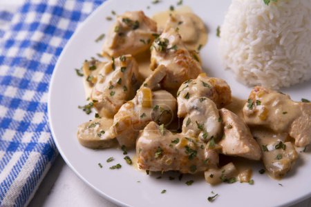 Photo for Turkey with stroganoff sauce. Stroganoff, stroganoff or stroganoff sauce is made with mushrooms and sauce made from sour cream - Royalty Free Image