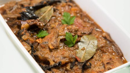 Photo for The fricando is a typical dish of Catalan cuisine, of ancient origin prepared with veal fillets and sauce with mushrooms. - Royalty Free Image