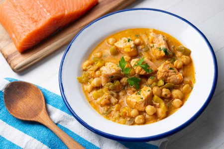 Photo for Salmon stew with chickpeas and vegetables. - Royalty Free Image