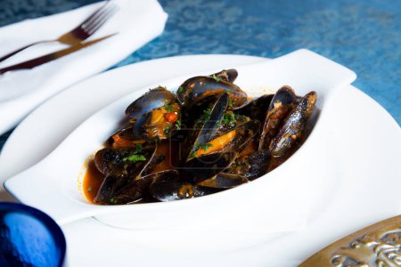 Photo for Traditional Spanish tapa of steamed mussels. - Royalty Free Image