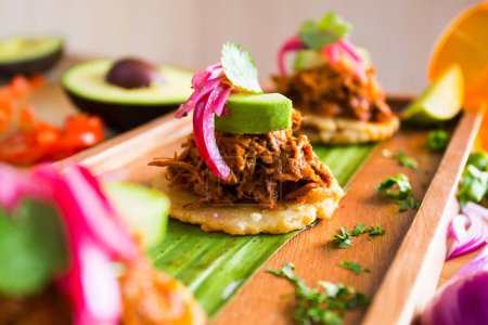 Photo for Pulled pork tostada. Tostada, name given to various dishes in Mexico that include a toasted tortilla as the main base of its preparation. - Royalty Free Image