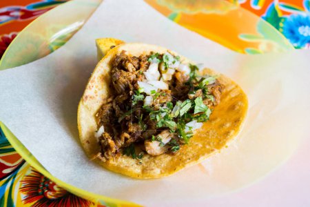 Foto de Taco de cerdo. Un taco es una comida tradicional mexicana que consiste en una pequeña tortilla de maíz de tamaño manual. - Imagen libre de derechos