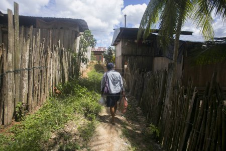 Téléchargez les photos : Une femme marche dans une ville de la région amazonienne au Pérou près de la ville de Yurimaguas. - en image libre de droit