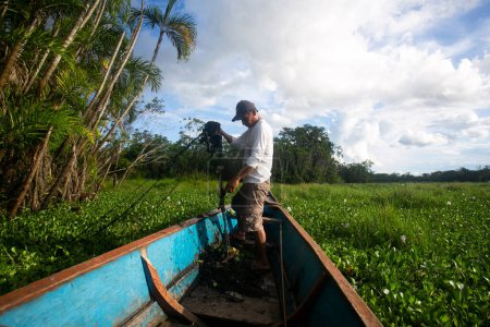 Téléchargez les photos : Cuipari, Pérou ; 1er octobre 2022 : Pêcheur travaillant dans la jungle péruvienne. Lac Cuipari. - en image libre de droit