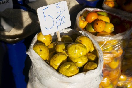 Téléchargez les photos : Variété de mangues péruviennes de la jungle péruvienne dans un marché dans une région de l'Amazonie. - en image libre de droit