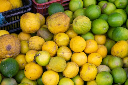 Téléchargez les photos : Variété de citrons péruviens de la jungle péruvienne dans un marché dans une région de l'Amazonie. - en image libre de droit