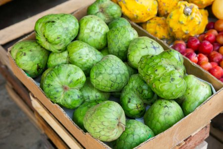 Téléchargez les photos : Pomme à crème d'une plantation biologique dans un seau à un marché à Tarapoto dans la jungle péruvienne. - en image libre de droit