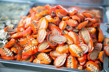 Foto de Crustáceos y moluscos peruanos. Cabañas de pescado en el mercado de alimentos Sant Camilo en Arequipa, Perú. - Imagen libre de derechos