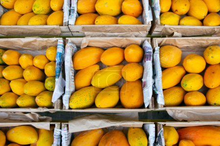 Téléchargez les photos : Mangues et papayes dans un stand du marché central des fruits et légumes à Arequipa, Pérou. - en image libre de droit
