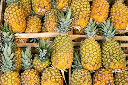 Téléchargez les photos : Ananas dans un étal du marché central des fruits et légumes à Arequipa, Pérou. - en image libre de droit