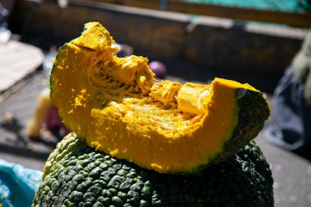 Photo for Zapallo in a street food market in Arequipa. The pumpkin macre or zapallo is a vegetable native to South America with greater presence in Peru. - Royalty Free Image
