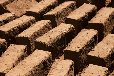 Téléchargez les photos : Homme construisant avec ses mains une maison en pisé avec des briques en pisé et de la boue. Région de Llachon du lac Titicaca au Pérou. - en image libre de droit