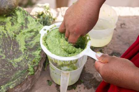 Téléchargez les photos : Femme préparant un shampooing naturel à base de plantes biologiques dans la région de Llachon sur le lac Titicaca au Pérou. - en image libre de droit