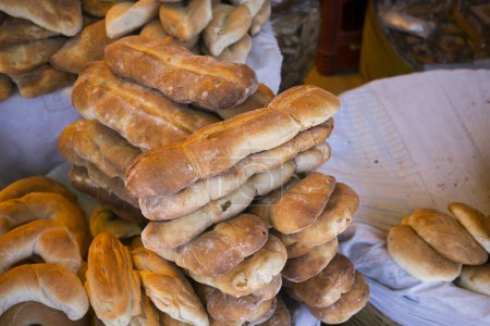 Photo for Peruvian bread at a market stall in the city of Puno. - Royalty Free Image