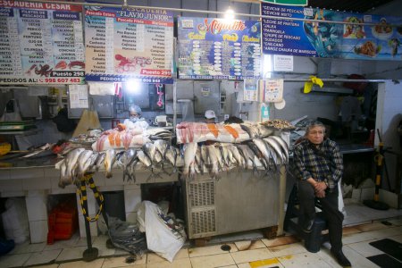 Téléchargez les photos : Lima, Pérou ; 1er janvier 2023 : Épicerie avec poisson sur le marché Surquillo à Lima, Pérou. - en image libre de droit