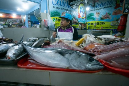 Photo for Lima, Peru; 1st January 2023: Food stall with fish in the Surquillo market in Lima, Peru. - Royalty Free Image