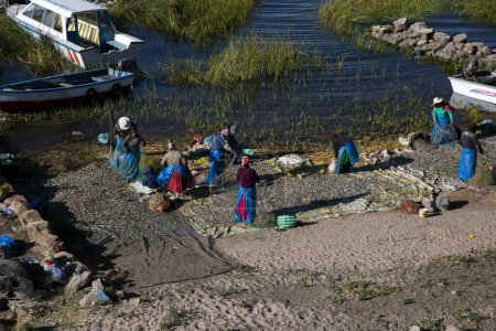 Téléchargez les photos : Taquile, Pérou ; 1er janvier 2023 : Pêcheurs locaux de la péninsule de Llachon travaillant sur les rives du lac Titicaca. - en image libre de droit