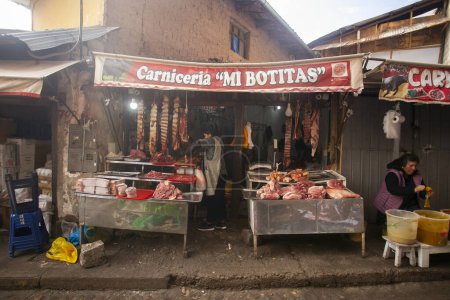 Photo for Cusco, Peru; 1st January 2023: Stall selling meat in the central market of Sant Jernimo de Cusco in Peru. - Royalty Free Image