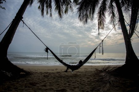 Foto de Sichon, Tailandia; 1 de enero de 2023: Pescador descansando en una hamaca entre palmeras en la playa de Sichon. - Imagen libre de derechos