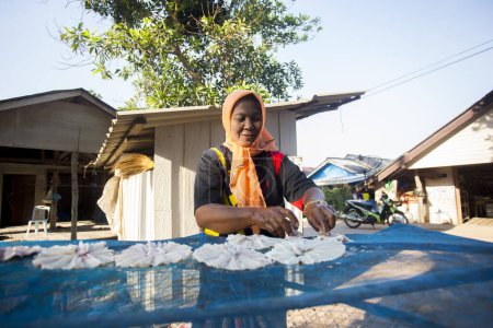 Téléchargez les photos : Koh Yao, Thaïlande ; 1er janvier 2023 : Femme nettoyant et préparant des calmars pour le séchage dans un village de pêcheurs. - en image libre de droit