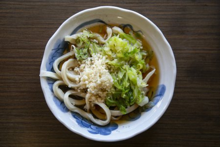 Photo for Cold Udon noodle dish served with miso sauce in Fujiyoshida city in Japan. - Royalty Free Image