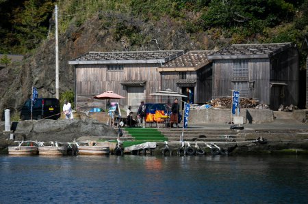 Photo for Shukunegi, Japan; 1st October 2023: A group of tourist enjoying a Tarai Bune or tub boat tour along Ogi Coast - Royalty Free Image