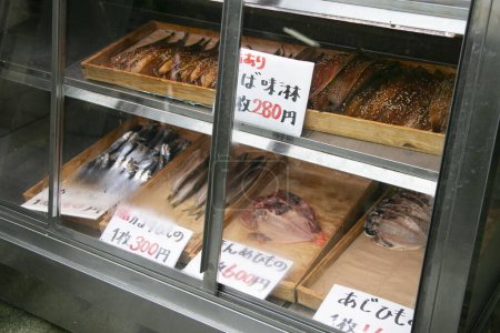 Photo for Ito, Japan; 1st October 2023: Fish at a Dried Fish shop in Ito City, Shizuoka, Japan. - Royalty Free Image