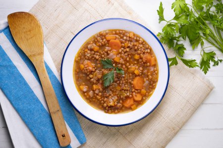 Photo for Lentils with chorizo and black blood sausage. - Royalty Free Image