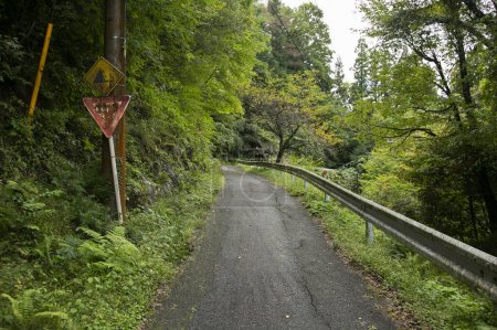 Photo for Walking the road following the Nakasendo trail between Nagiso and Tsumago in Kiso Valley, Japan. - Royalty Free Image
