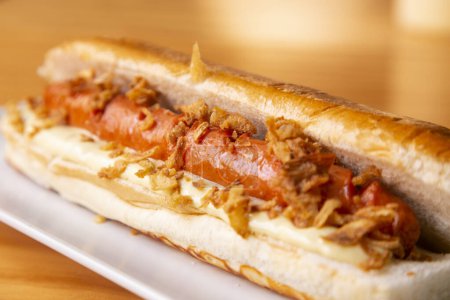 Photo for Hot dog with premium sausage and fried onion. - Royalty Free Image