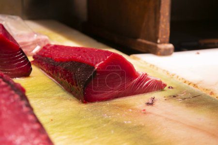 Photo for Premium fresh Japanese tuna at a stall in the Nagoya central market in Japan. - Royalty Free Image
