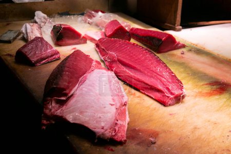 Premium fresh Japanese tuna at a stall in the Nagoya central market in Japan.