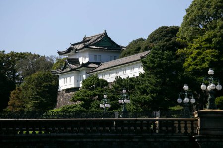 Bridge in front of Japanese Imperial Palace in Tokyo, Japan, massive stone walls surround Honmaru.
