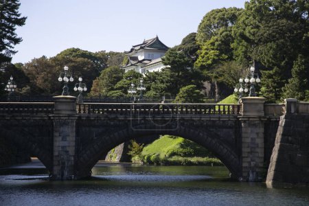 Bridge in front of Japanese Imperial Palace in Tokyo, Japan, massive stone walls surround Honmaru.