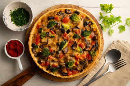 Photo for Vegetable quiche with vegan broccoli made with a traditional French recipe. - Royalty Free Image