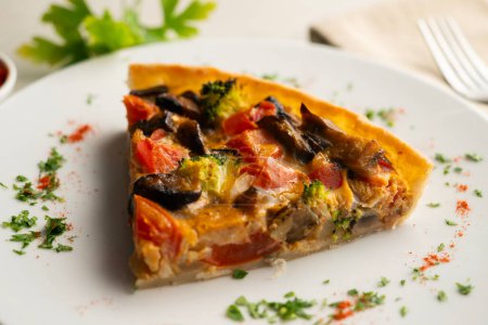 Photo for Vegetable quiche with vegan broccoli made with a traditional French recipe. - Royalty Free Image