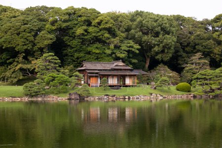 Traditional Japanese chashitsu tea room called Tsubame-no-ochaya or Swallow teahouse along the Shiori-no-ike pond of the Hama-riky Gardens