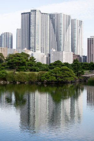 The Gardens of Hamarikyu are a public park in Ch, Tokyo, Japan. Located at the mouth of the Sumida River they are surrounded by modern buildings.