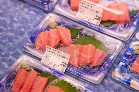 Premium Japanese tuna in a food market in the city of Osaka in Japan.