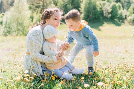 A young mother sits on the grass with her three-year-old son and one-year-old daughter, they blow on dandelions