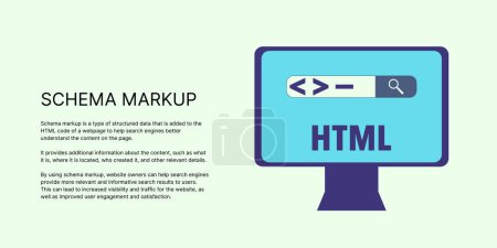 Illustration for Schema Markup Banner on Light Background. Stylish SEO Banner with Black Text and Monitor Icon for Business and Marketing - Royalty Free Image
