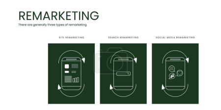 Illustration for Remarketing Banner on White and Green Background. Stylish Retargeting Banner with Green Text and White Icons for Business and Marketing - Royalty Free Image