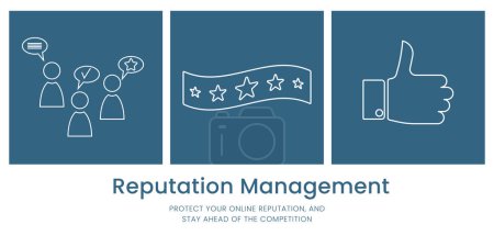 Illustration for Reputation Management Banner on White and Blue Background. Stylish Banner with Text and Icons for Business and Marketing - Royalty Free Image