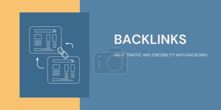 Illustration for Backlinks Banner on Yellow and Blue Background. Stylish SEO Banner with White Text and Icons for Business and Marketing - Royalty Free Image