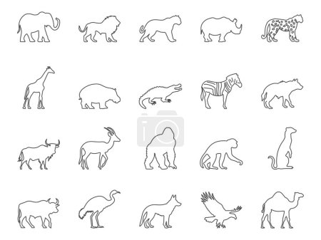 Illustration pour Ensemble d'icônes pour animaux africains. Éléphant, girafe, lion, zèbre. Un AVC modifiable. Icônes simples Collection vectorielle - image libre de droit