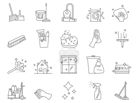 Téléchargez les illustrations : Ensemble d'icônes de nettoyage de maison. Balai, Dustpan, Aspirateur. Un AVC modifiable. Icônes simples Collection vectorielle - en licence libre de droit